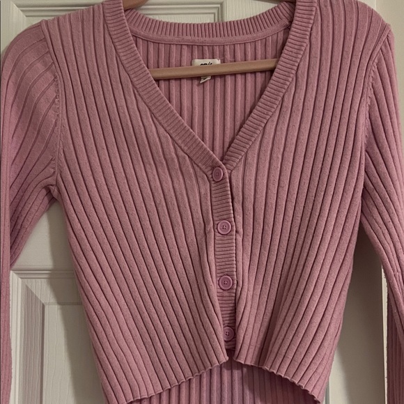 aerie Ribbed Cropped Button Cardigan Pink - Picture 2 of 3